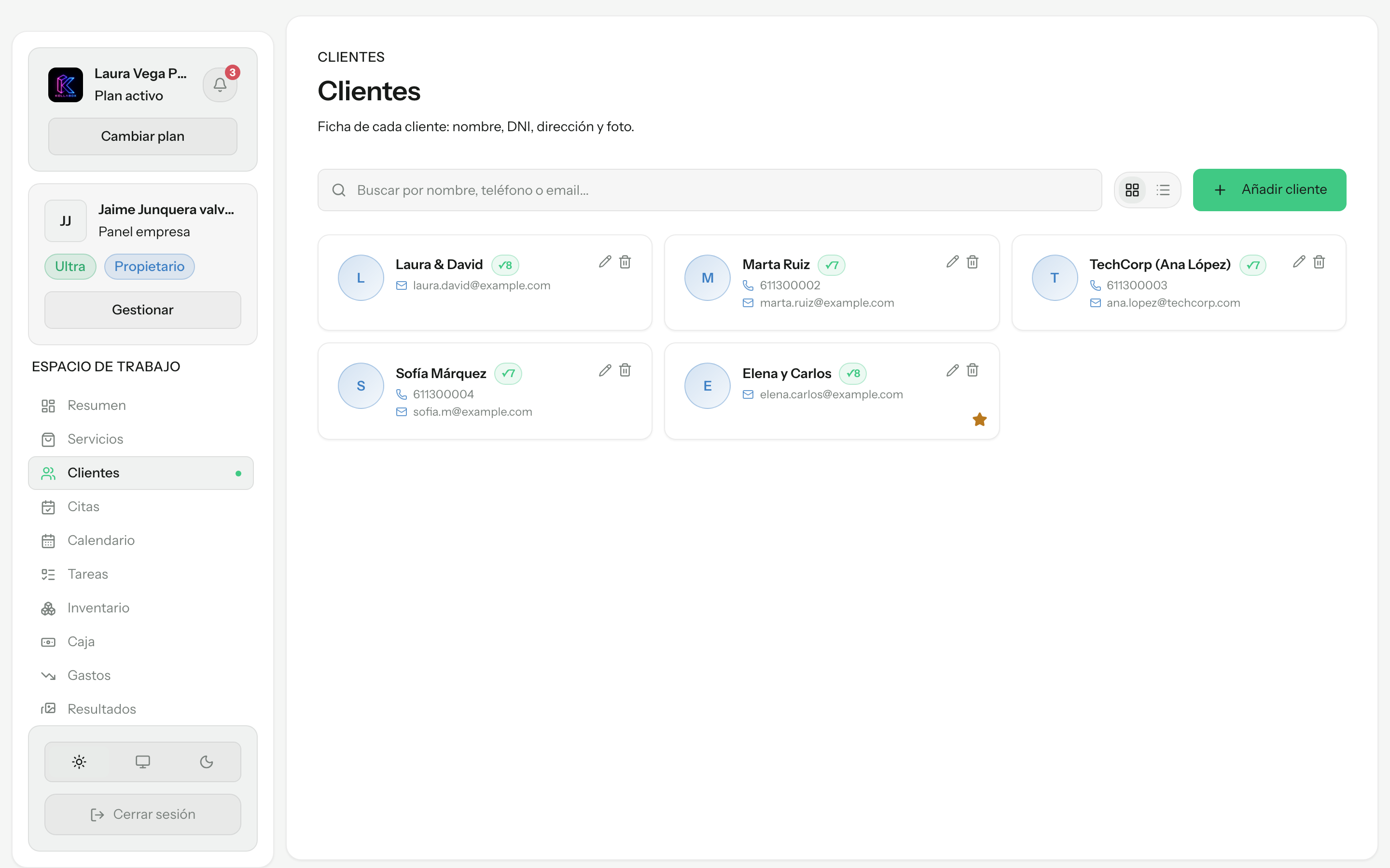CRM de clientes de Kollabox con la ficha de cada cliente