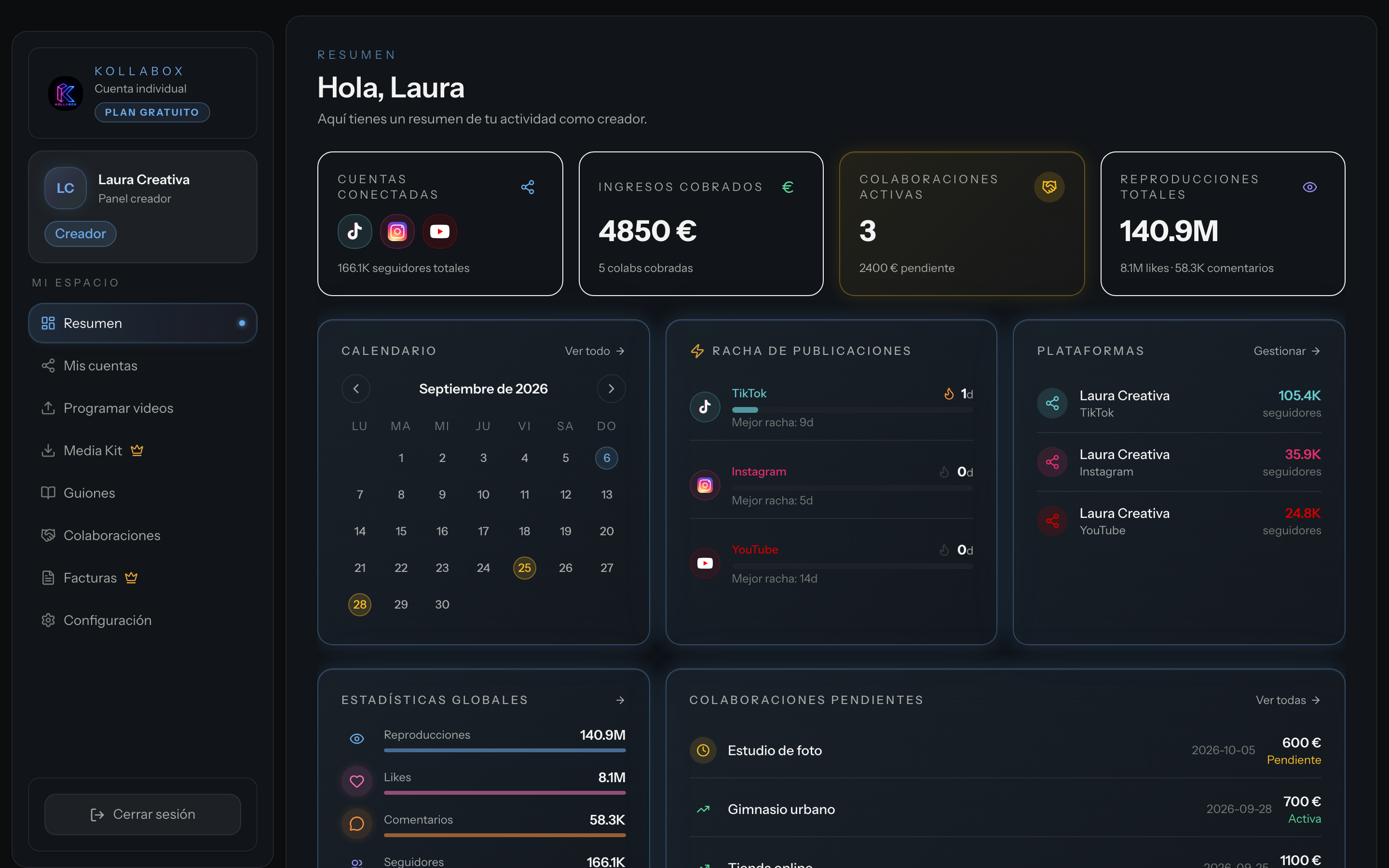 Panel de creador de Kollabox