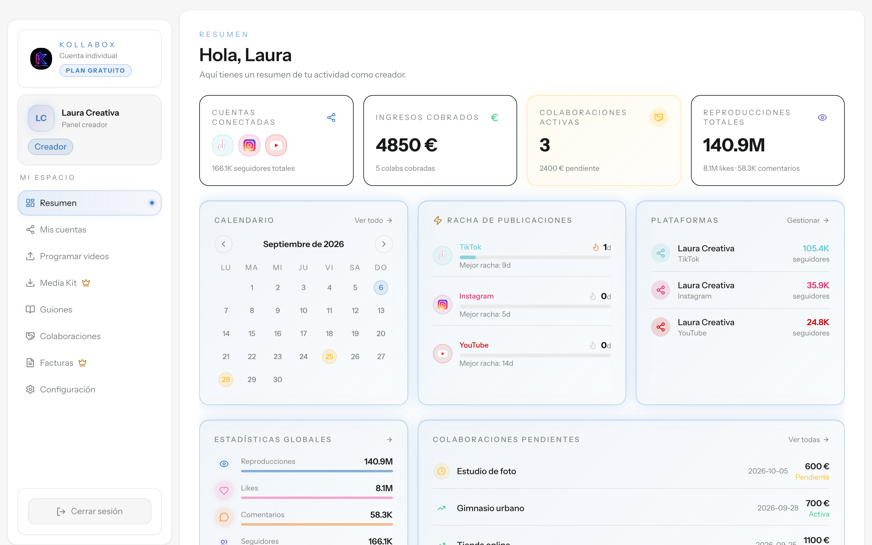 Panel de creador de Kollabox